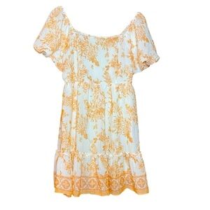 Blu pepper orange floral toile romantic tiered skirt, boho puff sleeve mini SZ-M